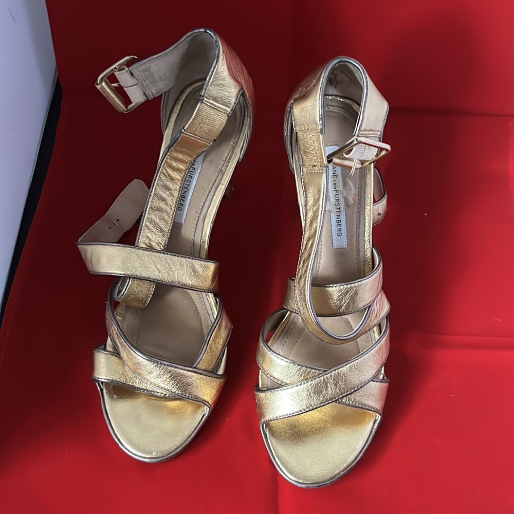 vintage Diane von Furstenberg gold leather strap platform heels